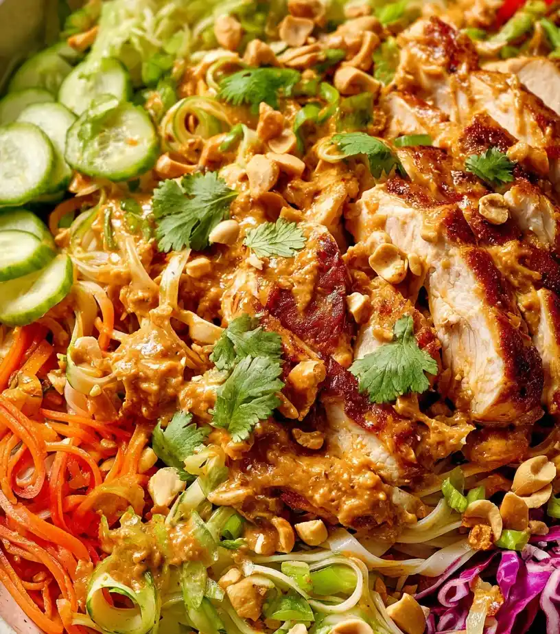 Thai Peanut Noodle Salad with Chicken close up