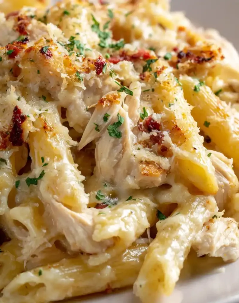 Chicken Alfredo Pasta Bake close up