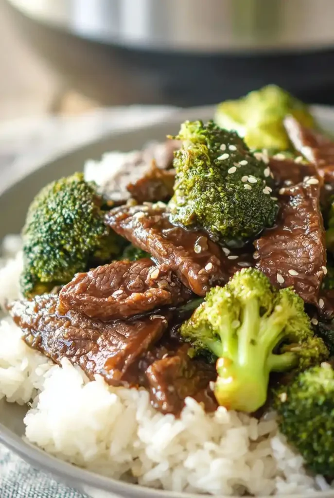 Crockpot Beef and Broccoli Over Rice close up