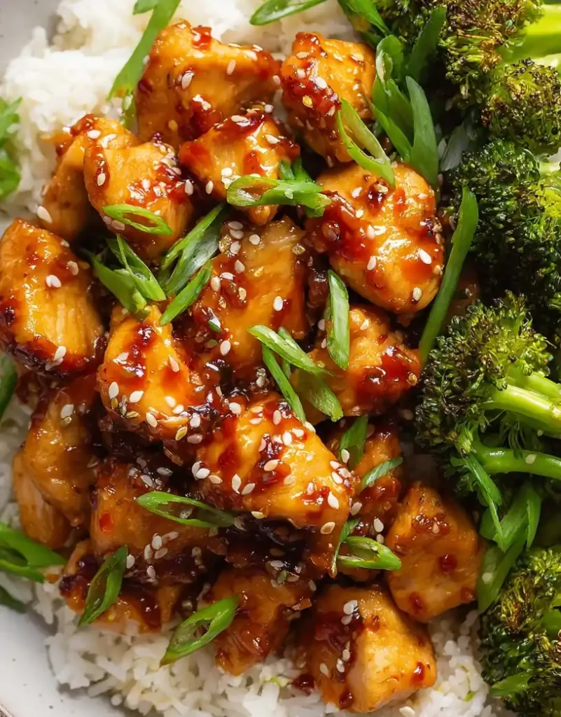 Honey Sriracha Chicken with Broccoli close up