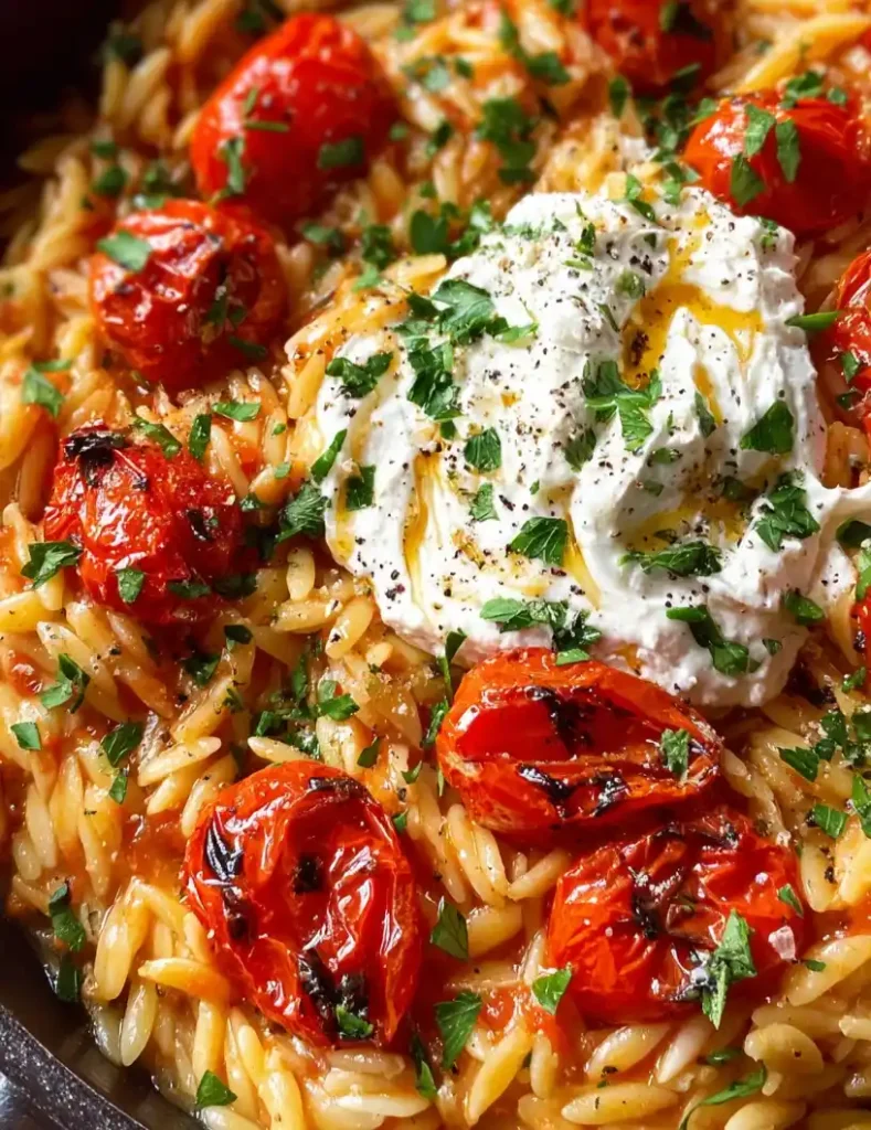 Creamy Roasted Tomato Orzo with Whipped Feta close up