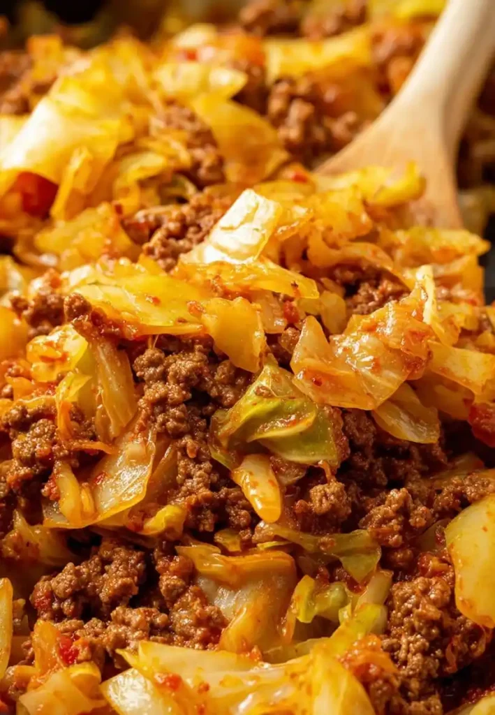One Pot Cabbage and Ground Beef Skillet close up