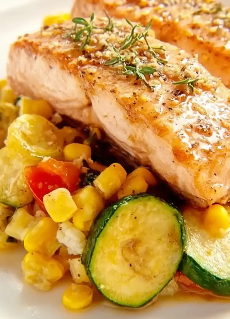 Honey Garlic Salmon with Zucchini and Corn close-up