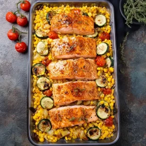 Sheet Pan Honey Garlic Salmon with Zucchini and Corn