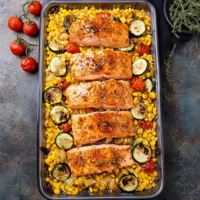 Sheet Pan Honey Garlic Salmon with Zucchini and Corn