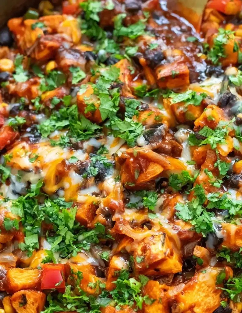 Sweet Potato and Black Bean Enchilada Skillet close up