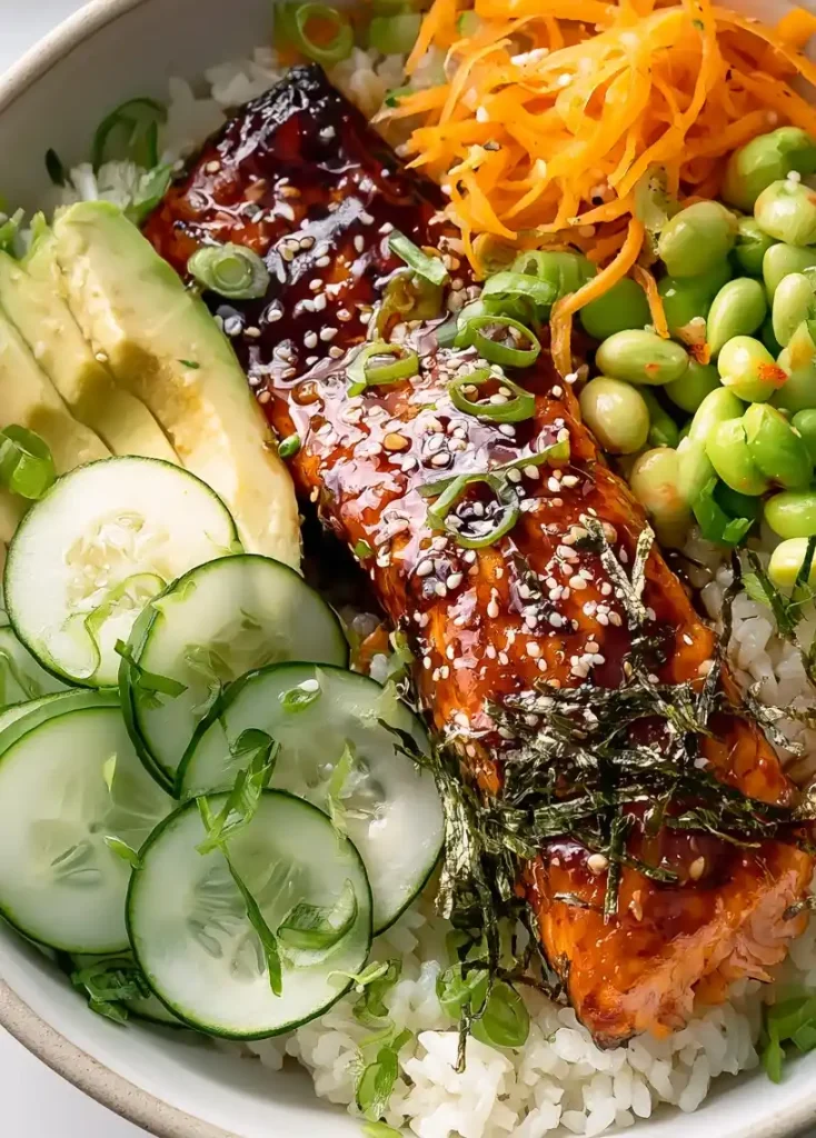 Yuzu Honey Glazed Salmon Rice Bowls close up
