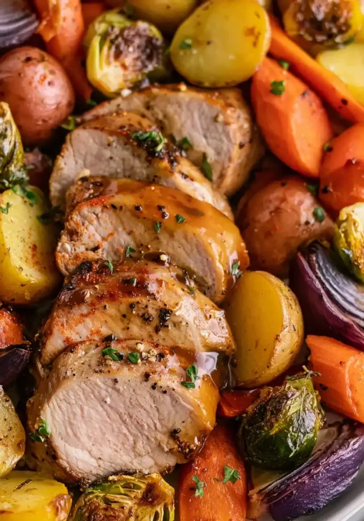Baked Apple Cider Pork Tenderloin with Roasted Vegetables close up