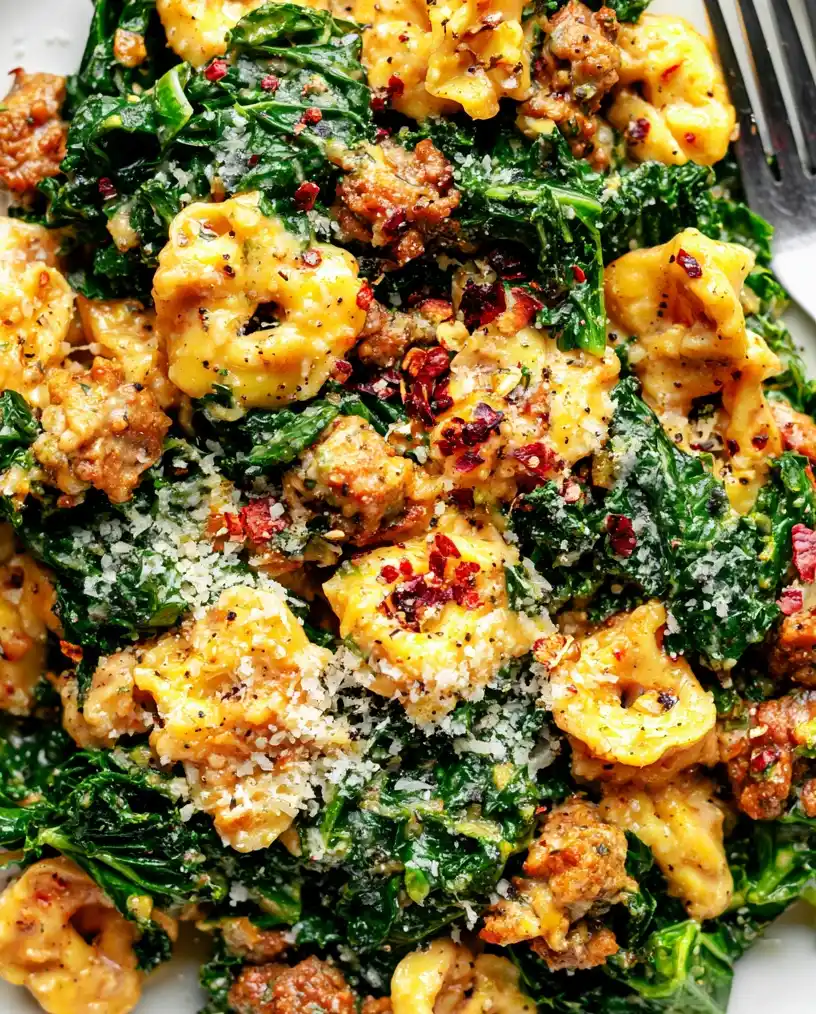 Brown Butter Tortellini with Sausage and Kale close up