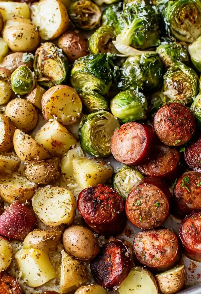 Brussels Sprouts and Sausage Sheet Pan close up