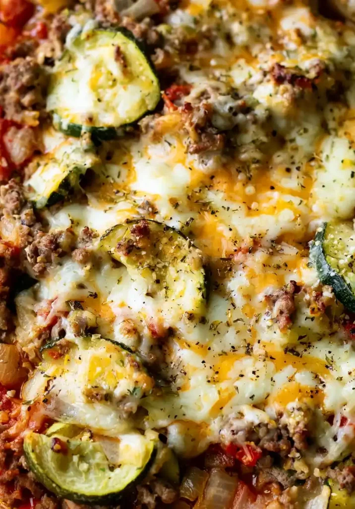 Cheesy Zucchini and Ground Beef Casserole close up