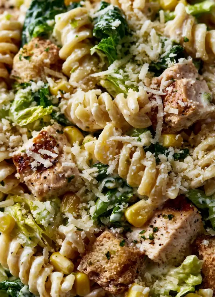 Corn and Chicken Caesar Pasta Salad close up