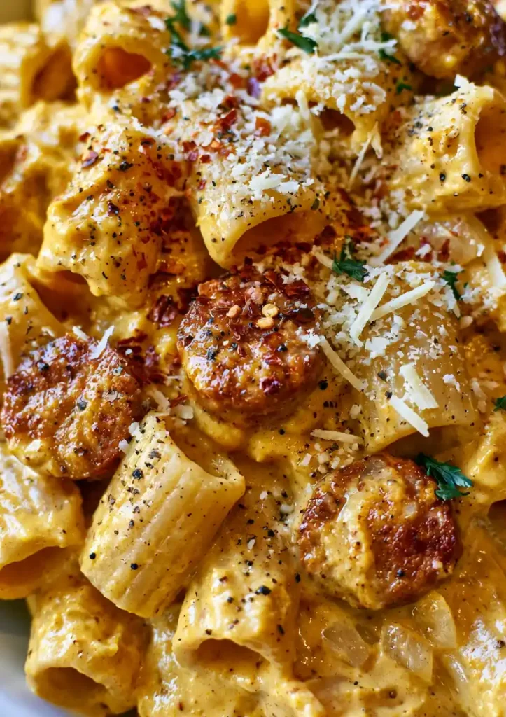 Creamy Pumpkin Pasta with Italian Sausage close up
