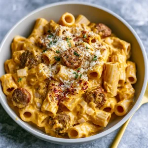 Creamy Pumpkin Pasta with Italian Sausage, served in a bowl