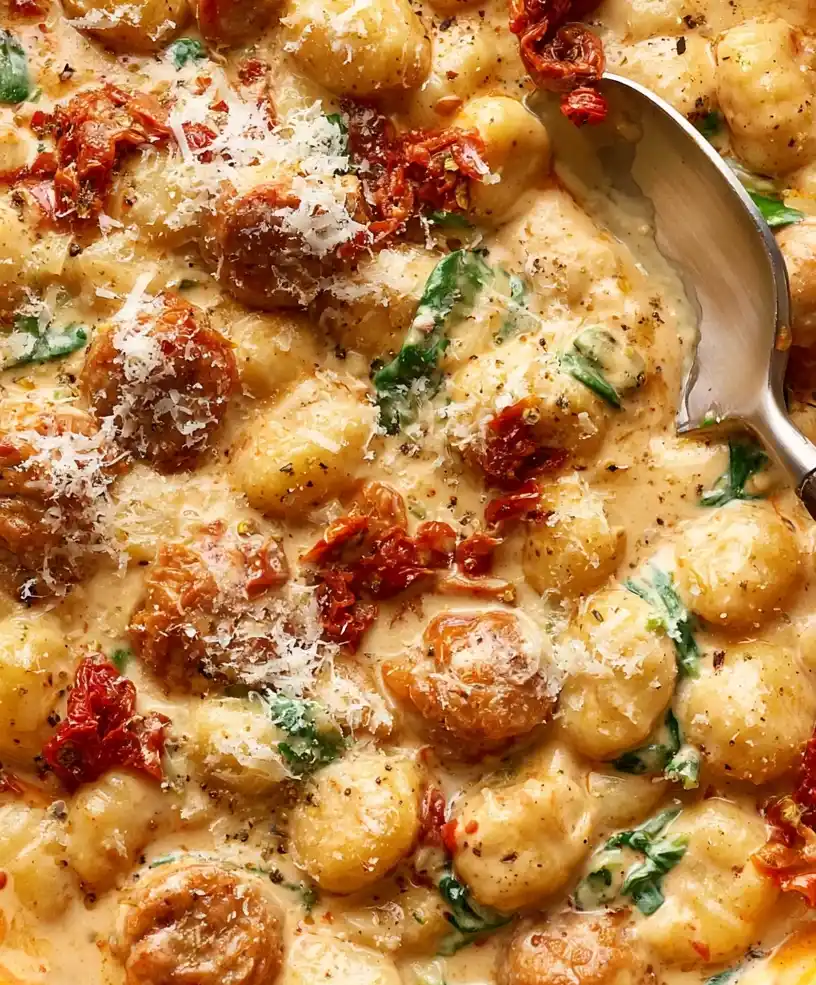 One Pan Creamy Tuscan Sausage Gnocchi close up