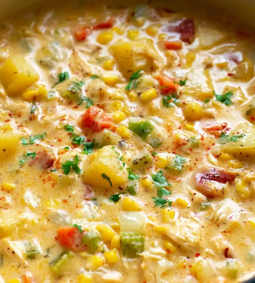 One Pot Creamy Chicken and Corn Chowder close up