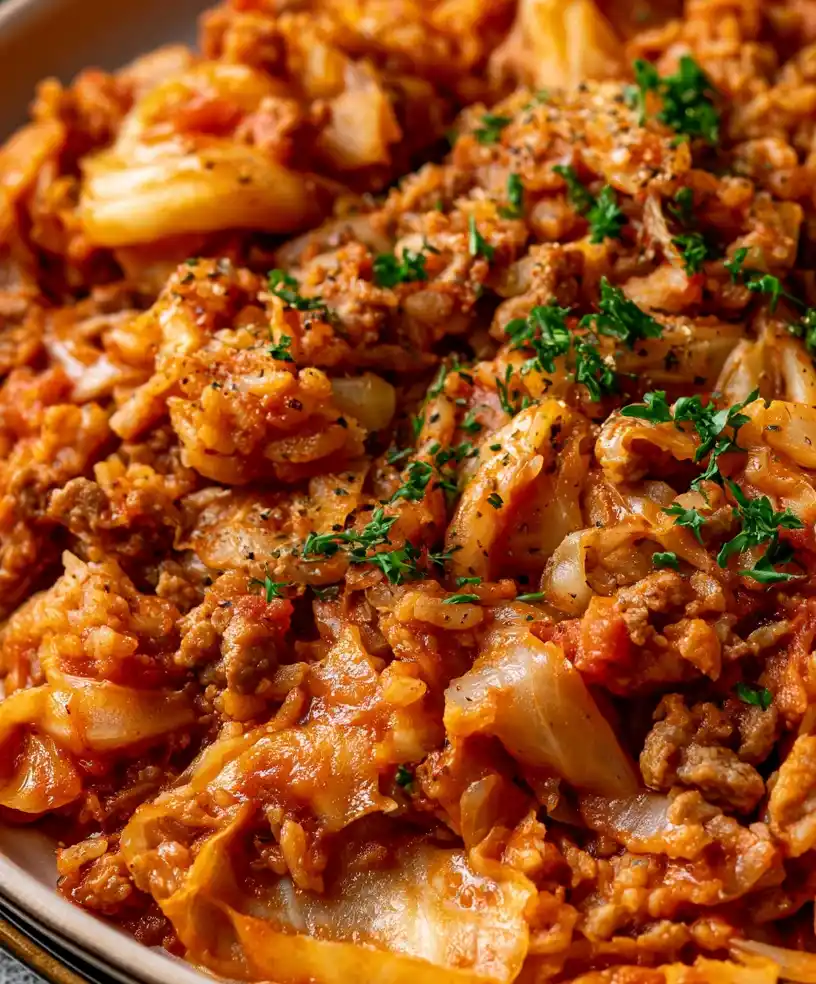 Unstuffed Cabbage Roll Casserole dish with Ground Beef and Rice, served on a plate, close-up