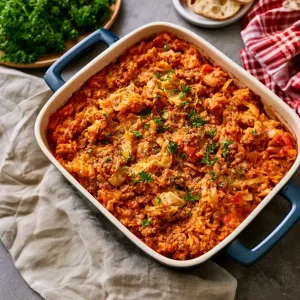 Unstuffed Cabbage Roll Casserole with Ground Beef and Rice, served in a baking dish from a top view