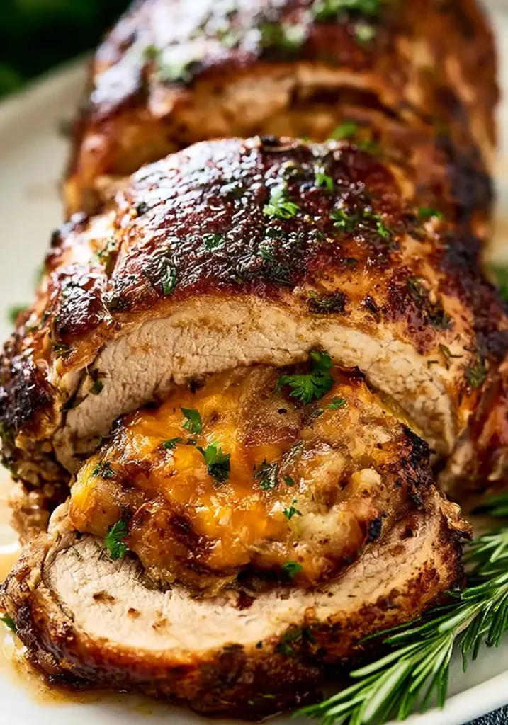 Apple Cheddar Stuffed Pork Tenderloin close up
