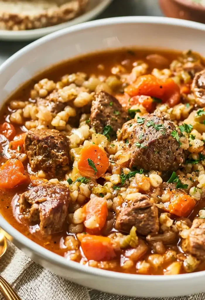 Beef and Barley Stew dish served in a bowl, close up