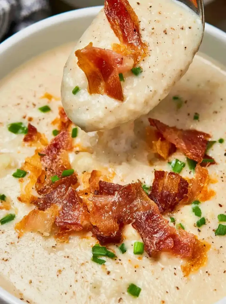 Cauliflower Soup with Crispy Prosciutto dish close up