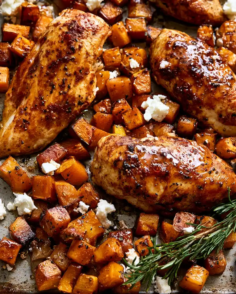 Hot Honey Roasted Butternut Squash and Chicken Sheet Pan dish, close up