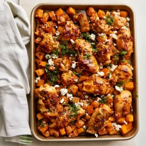 Hot Honey Roasted Butternut Squash and Chicken Sheet Pan dish from a top view