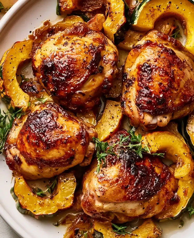 Maple Dijon Roasted Chicken Thighs with Delicata Squash dish, close up shot