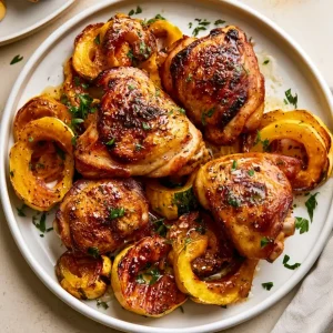 Maple Dijon Roasted Chicken Thighs with Delicata Squash dish from a top view