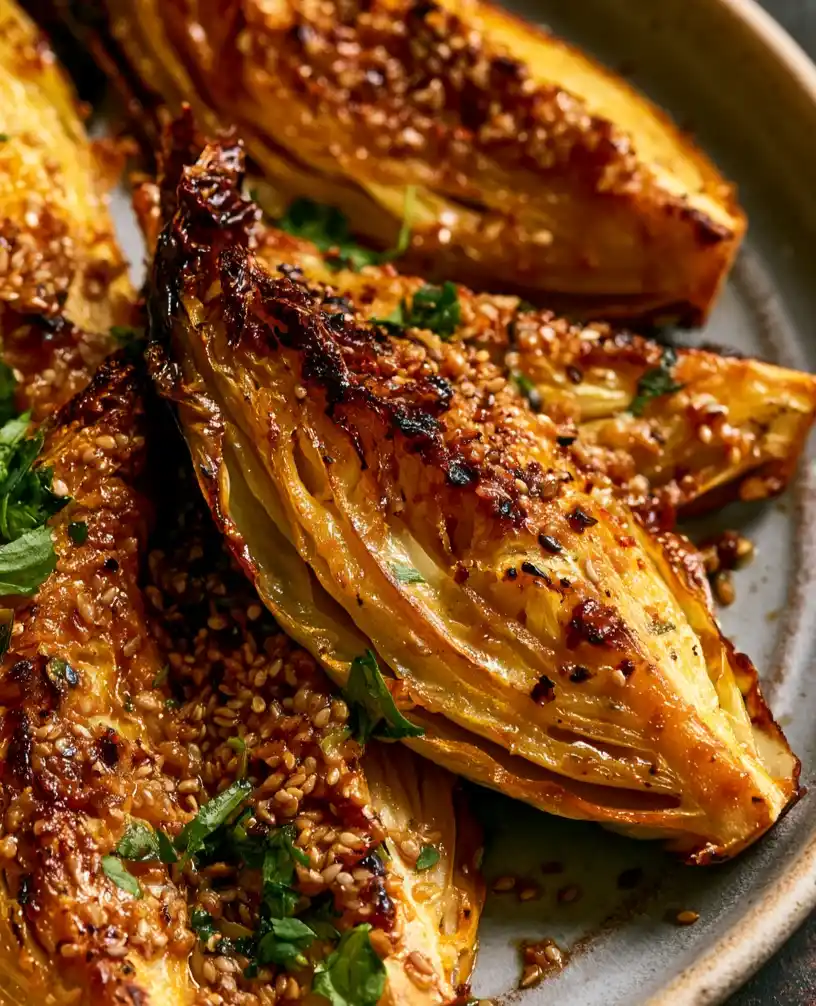 Miso Butter Roasted Cabbage Wedges close up