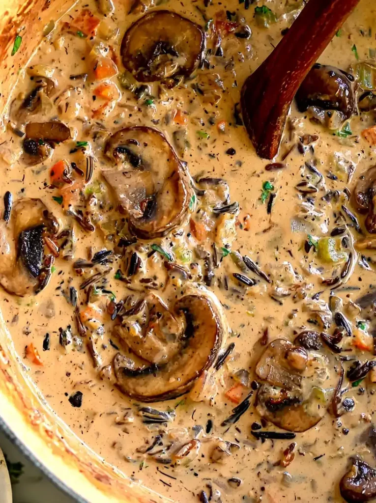 Mushroom Wild Rice Soup dish close up shot in a large pot, from a top view
