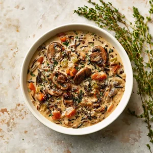 A Mushroom Wild Rice Soup dish from a top view in a white bowl