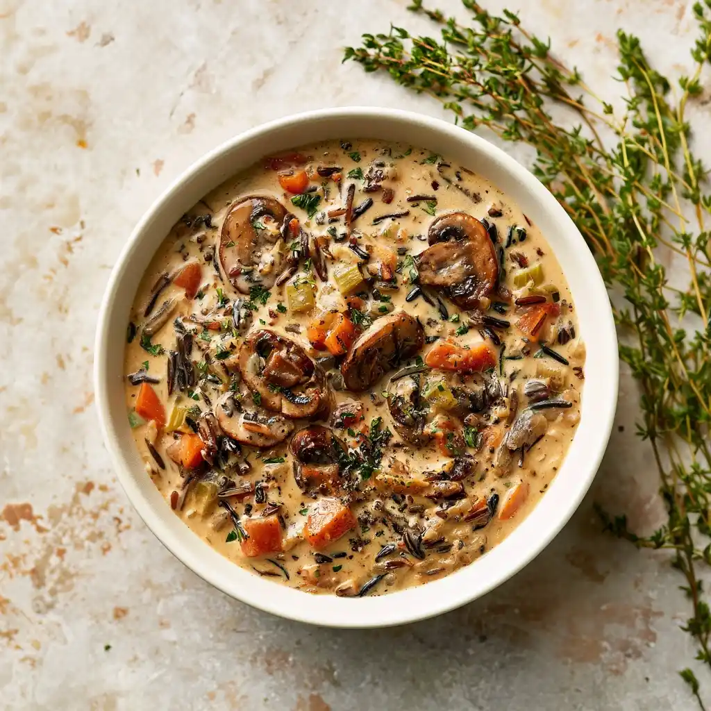 A Mushroom Wild Rice Soup dish from a top view in a white bowl