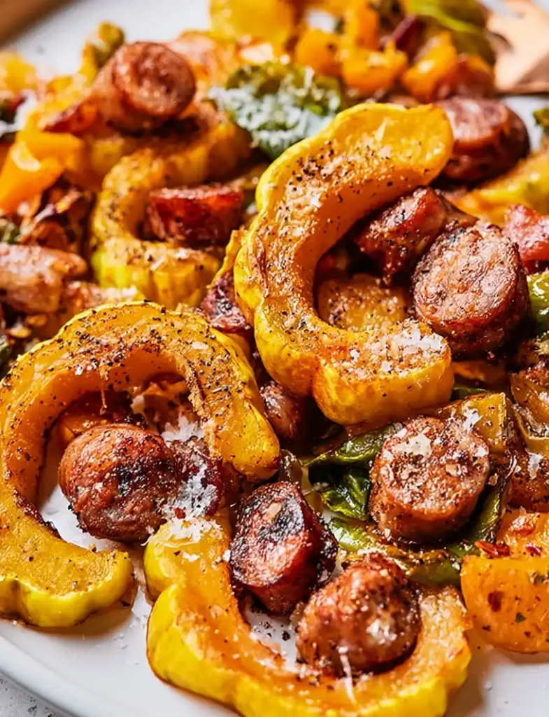 close up Sheet Pan Sausage and Delicata Squash dish, served on a plate