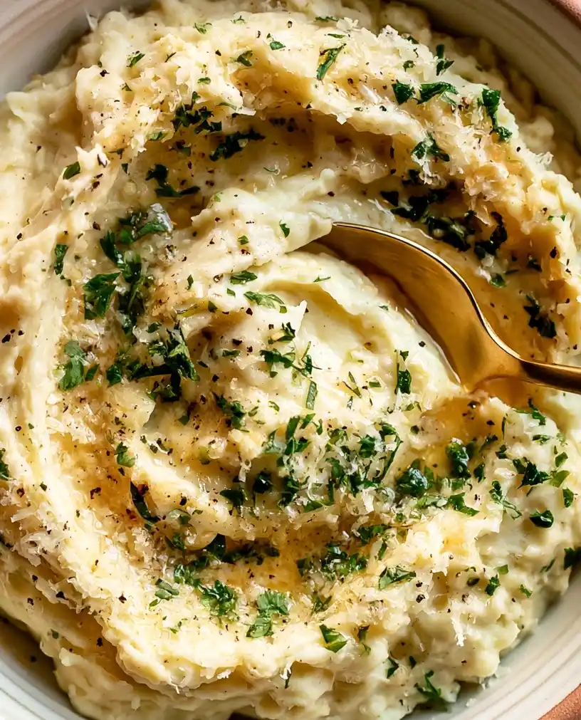 Brown Butter Parmesan Mashed Potatoes dish in a bowlm, close up
