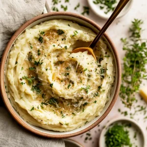 Brown Butter Parmesan Mashed Potatoes dish in a bowl