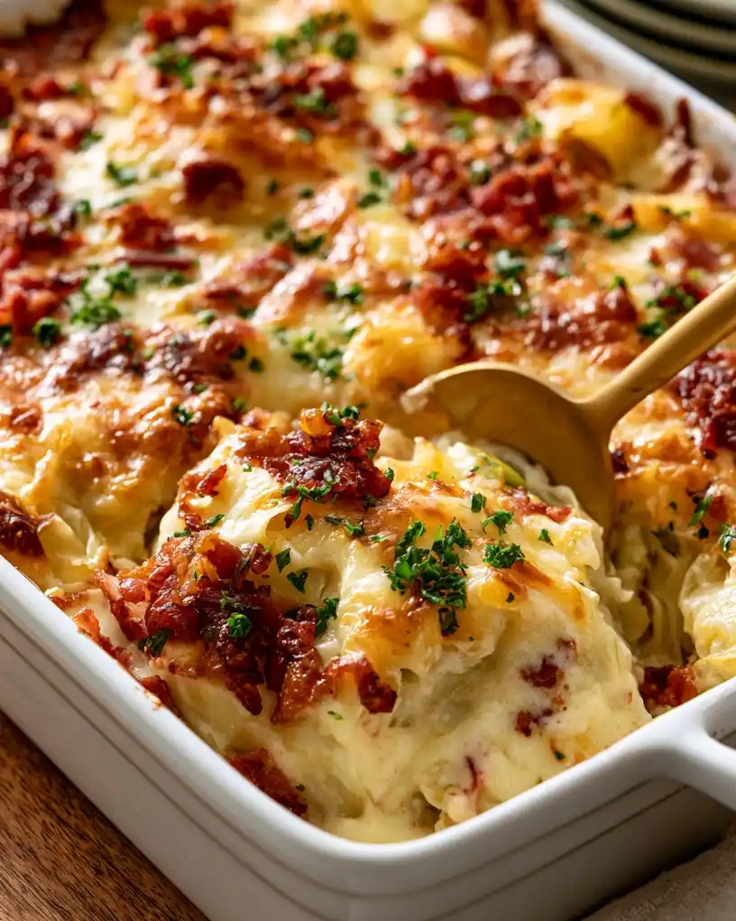 Cheesy Cabbage Gratin with Bacon and Gruyere close up