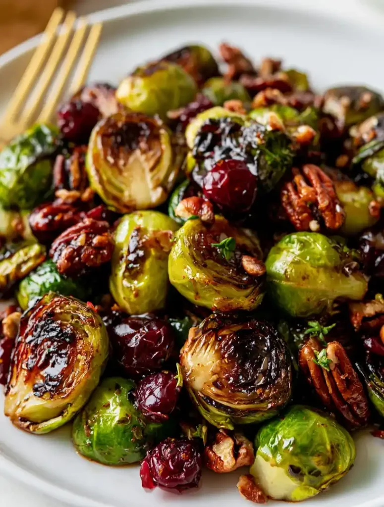 Cranberry Balsamic Brussels Sprouts with Pecans close up