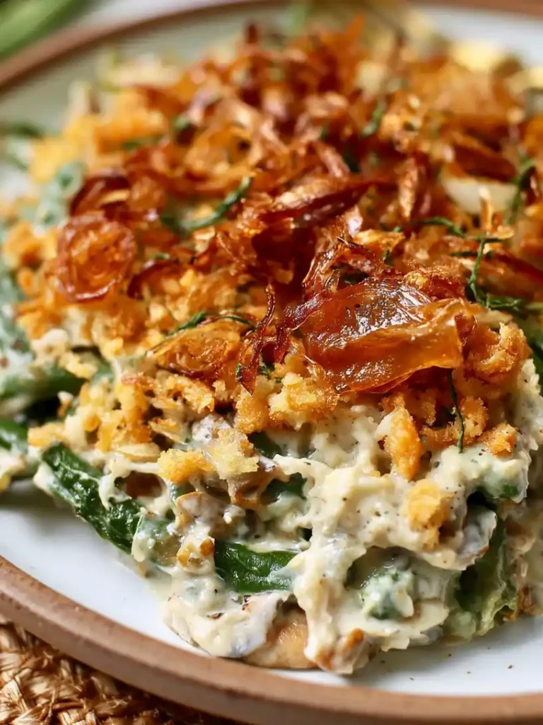 Green Bean Casserole with Crispy Shallots close up